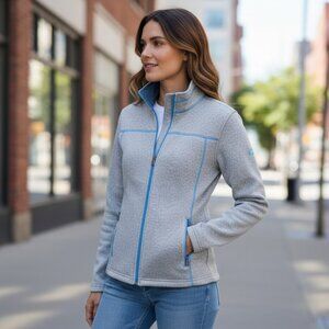 Overland Full Zip Wool Blend Sweater Jacket Sz M Gray & Blue 134M